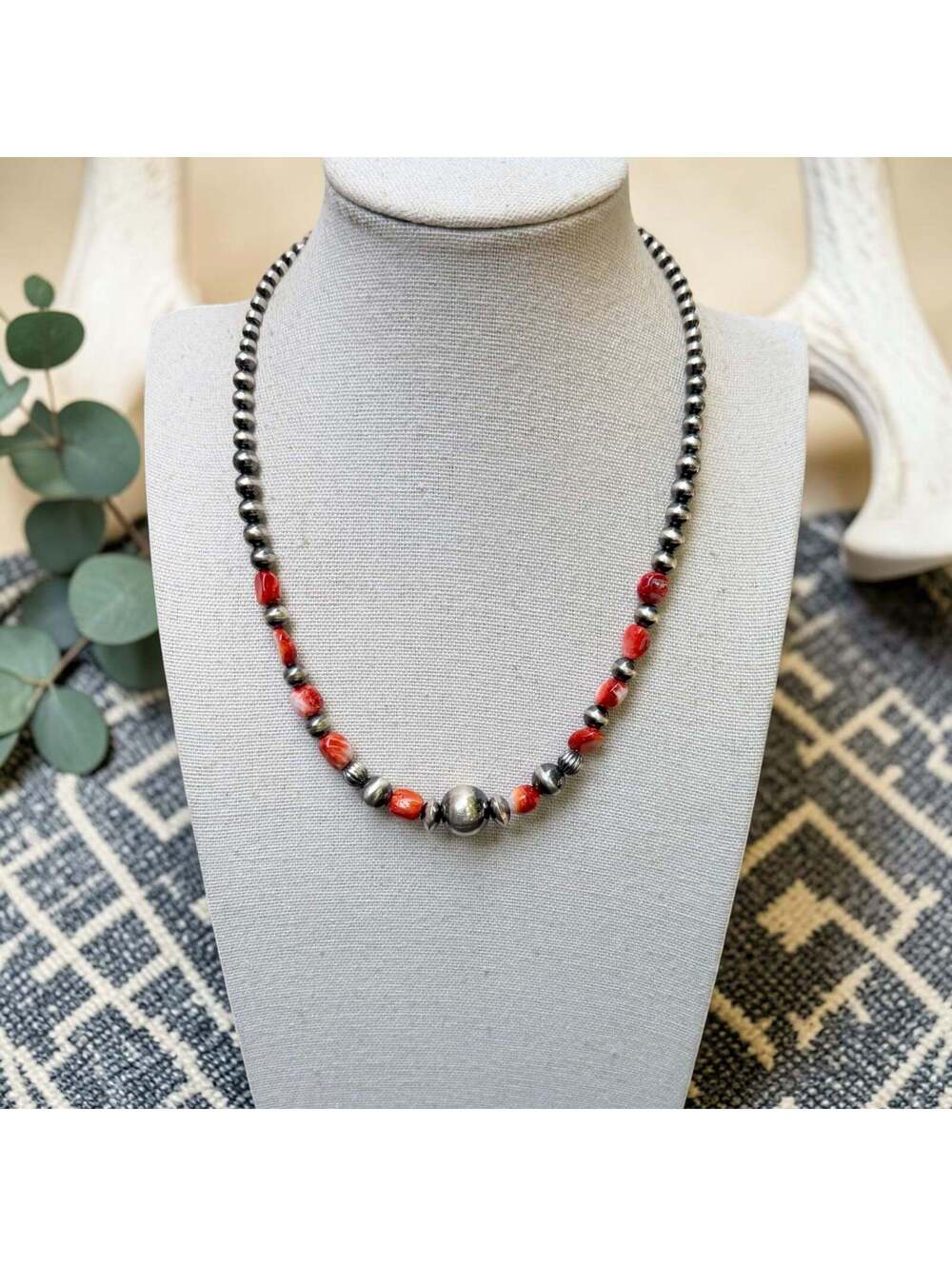 17" Orange Spiny Necklace w/ 4-12mm Sterling Pearls